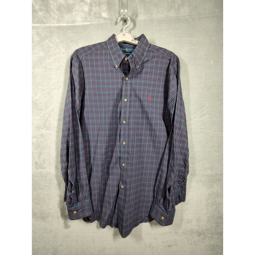Ralph Lauren Mens Large Classic Fit Plaid Button Down Shirt Blue Red Green Pony